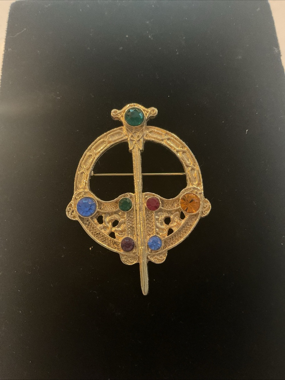 Vintage Celtic Tara Brooch/Pin gold tone with multi colored stones